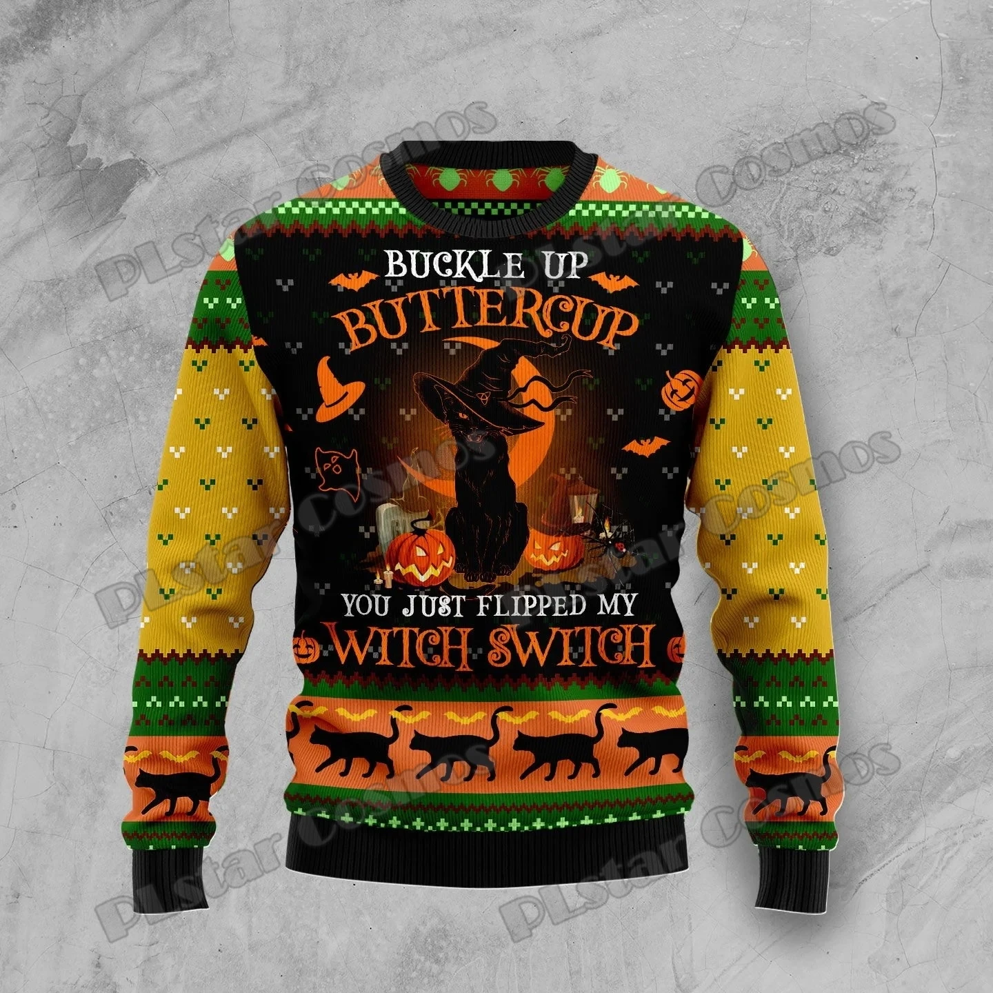 PLstar Cosmos Black Cat Halloween 3D Printed Men's Ugly Christmas Sweater Winter Unisex Casual Knit Pullover Sweater ZZM22