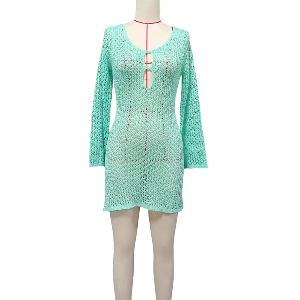 Beach Cover Up Dress Solid Color V-neck Long Sleeve Backless Knitting Dress Hollow Out Breathable Elastic Swimwear Cover Up