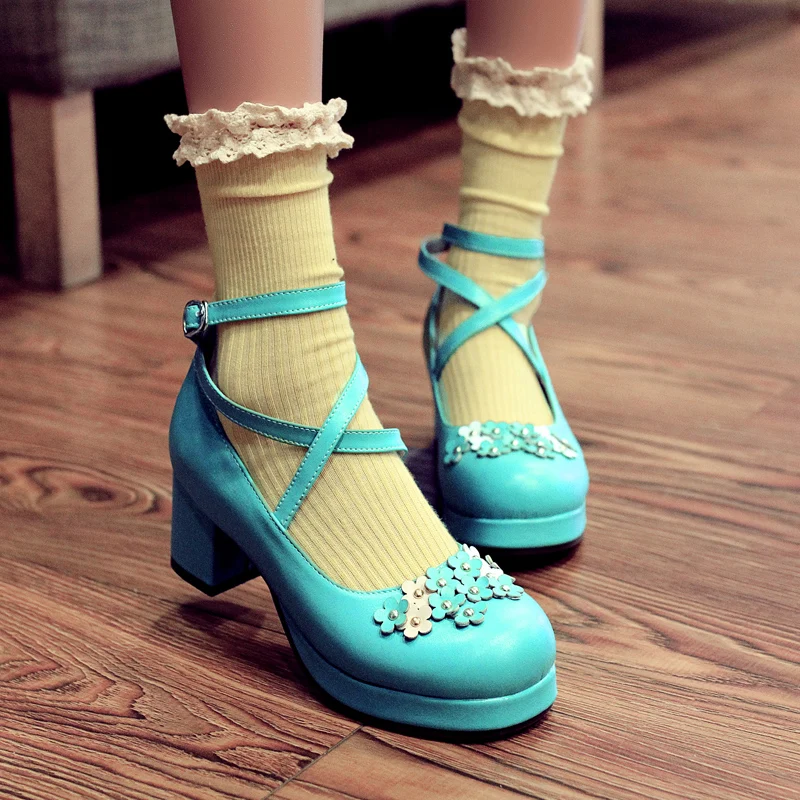 

2022 new spring women shoes plus size 22-28cm feet length chunky flower shoes Cross Buckle cute lolita Banquet shoes 5 colors