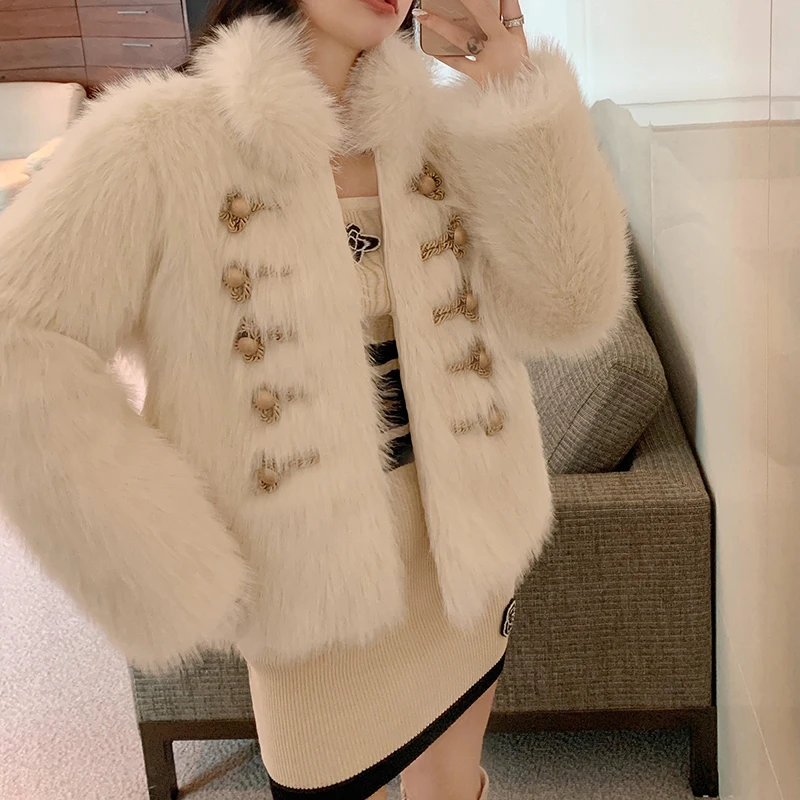 Faux Fur Women Coat 2023 Winter Fashion Double Breast Thick Warm Long Sleeves Stand Collar Korean Lady New Faux Fur Coats