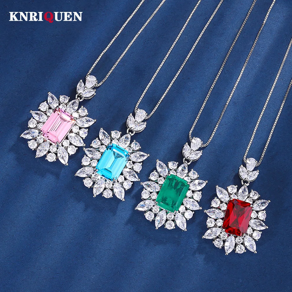 

Vintage 10*14mm Emerald Ruby Quartz Aquamarine Pendant Necklace for Women Gemstone Lab Diamond Cocktail Party Fine Jewelry Gift