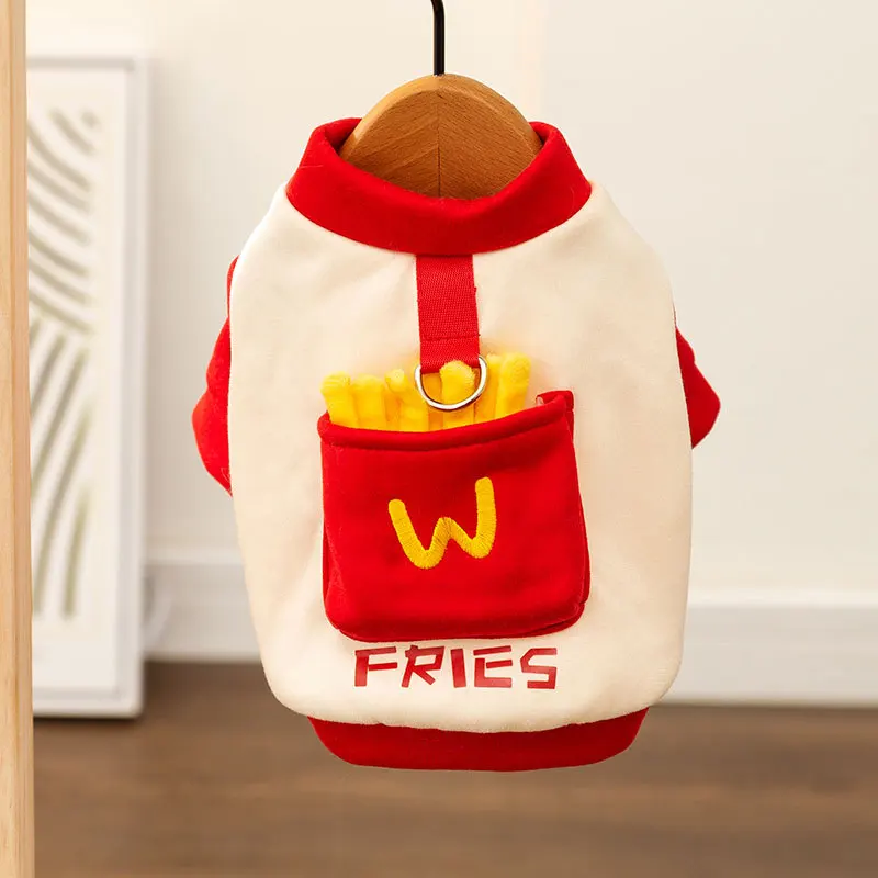 Autumn and Winter Dog Red Pocket French Fries Traction Sweater