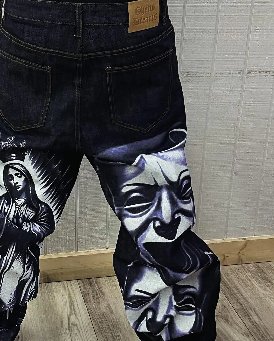 Harajuku retro jeans religion watermark loose slouchy jeans men women y2k gothic skateboard pants streetwear hip hop