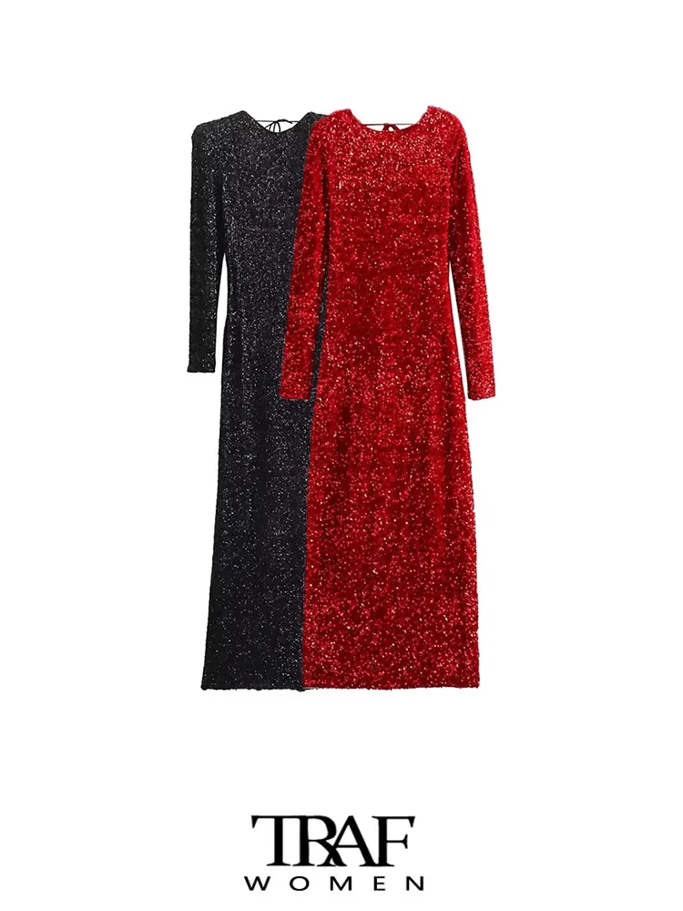 

TRAF-Women's Sequined Maxi Dress, Backless, Long Sleeve, Female Dresses, Sexy Fashion, Party