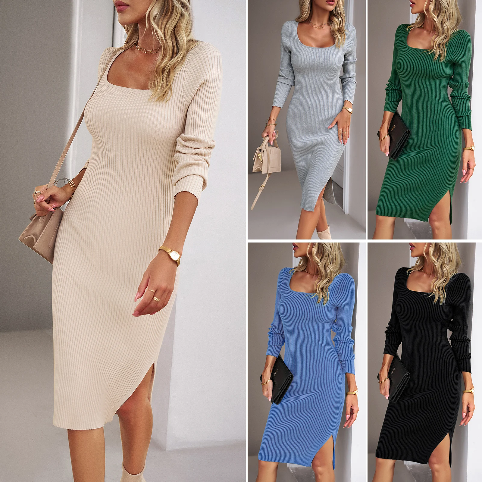 

Sexy Square Collar Split Sweater Dress Elegant Long Sleeve Stretchable Knitting Slit Bodycon Frock Slim Fit Wrap Hip Long Skirts