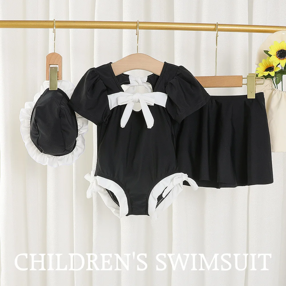 

3Pcs Girls Bikini Sets Korean Style Baby Swimwear Solid Bodysuit + Ruffle Skirt + Sun Caps Toddler Bathing Suit Infant Beachwear