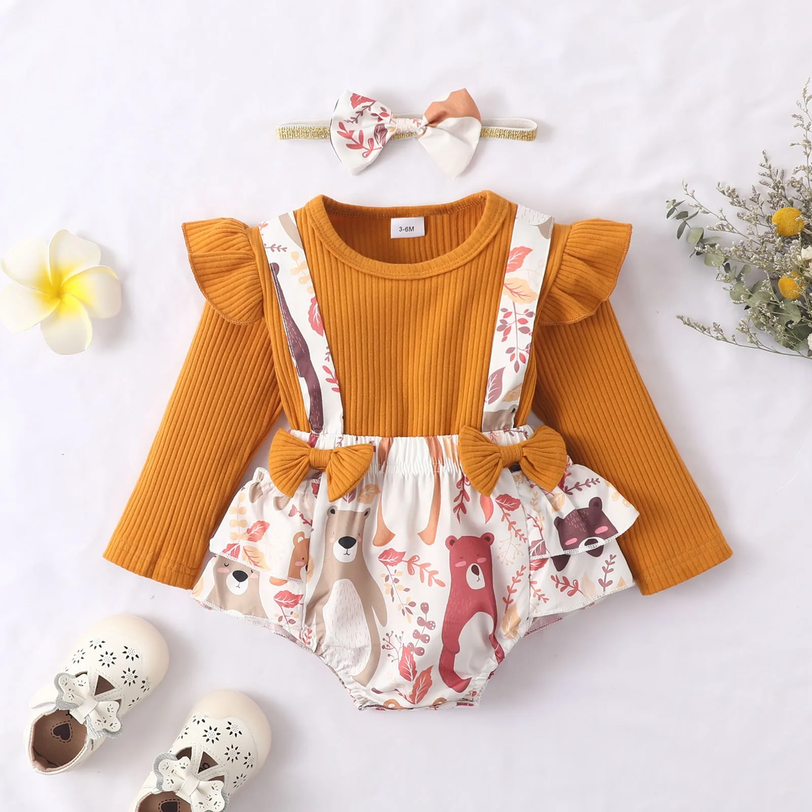 

3-24 Months Infant Girls Clothes Sets Spring Autumn Ribbed Long Sleeve Tops+Print Bow Romper+Headbands Sets 3pcs Outfits Newborn