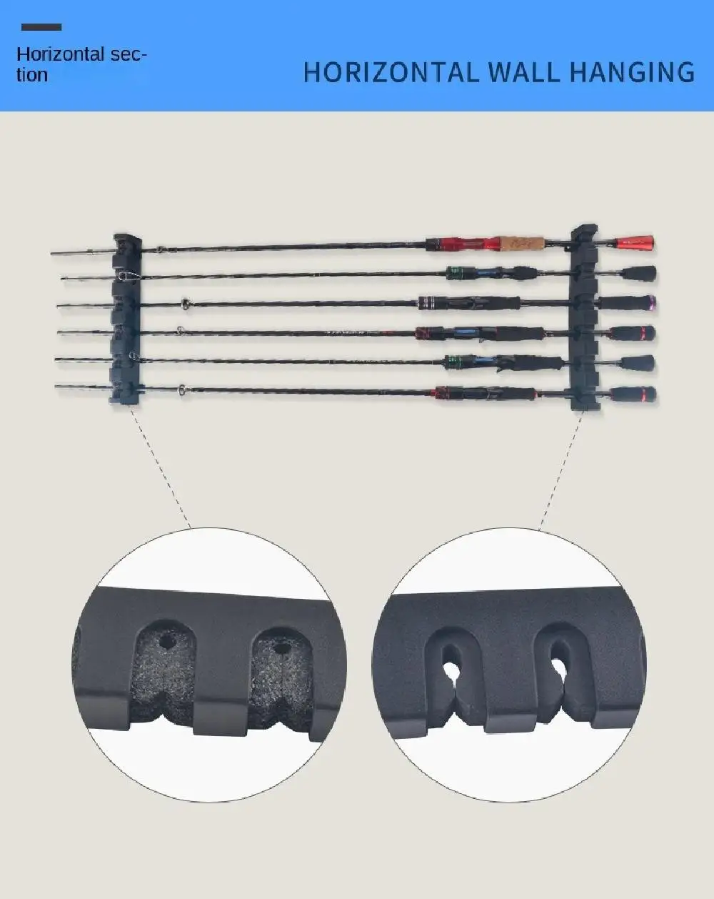 Description Picture 5 of item6 Hole Fishing Rod Holders Wall Mount Universal Fishing Rod Display Stand Save Space Vertical/Horizontal