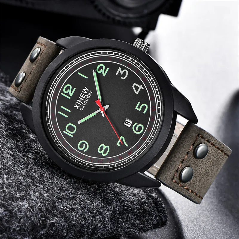 Men Original XINEW Brand Cheap Watches Erkek Barato Saat Fashion Leather Band Army Sports Date Quartz Watch Reloj Hombre 2024