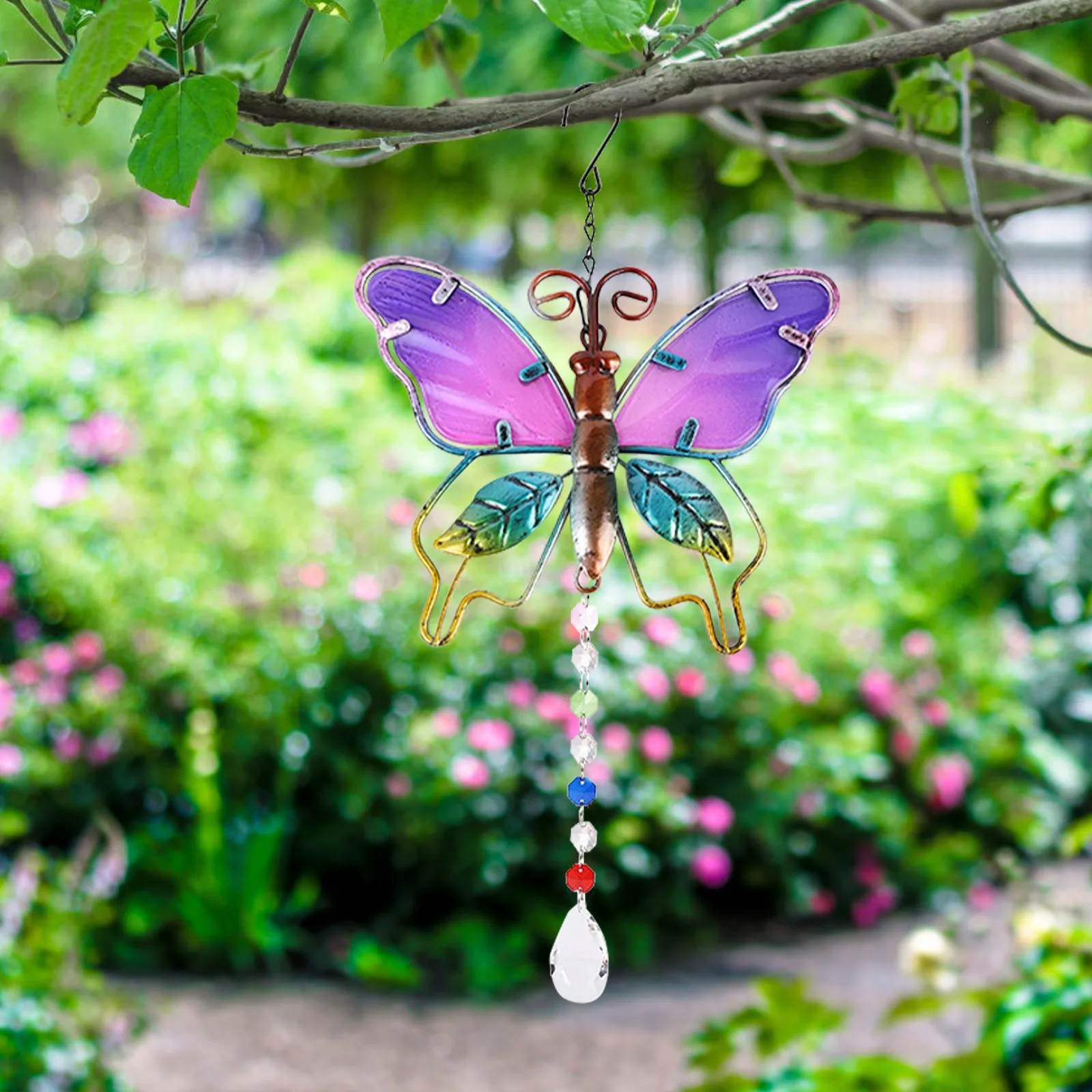 Metal Butterfly Suncatcher Crystal Ball Hanging Pendant For Windows Ornaments Home Party Decor Outdoor Garden Yard D