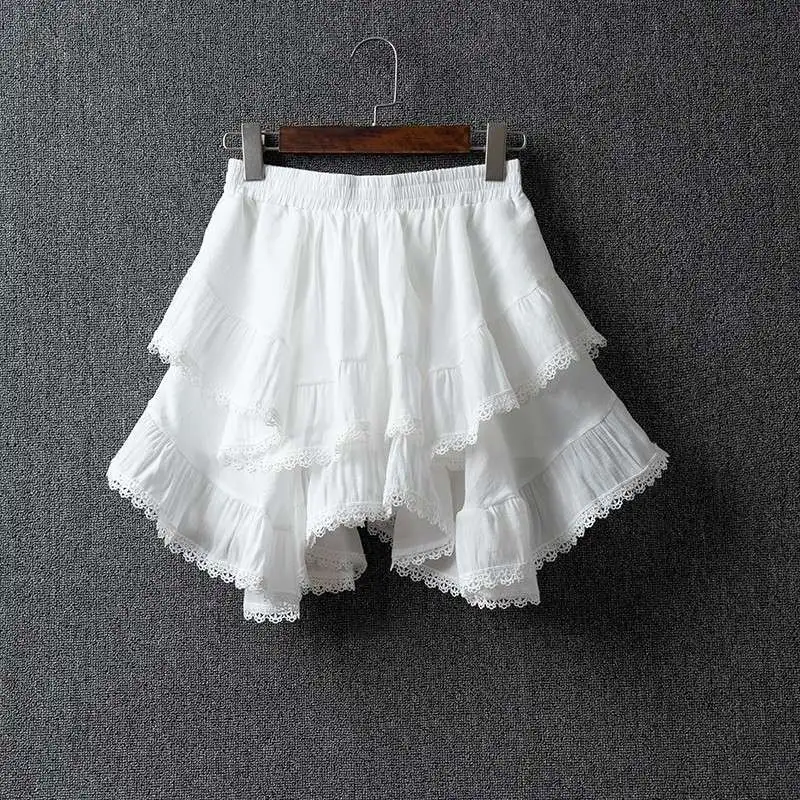 

Summer Irregular Lace Round Cotton Linen Mini Skirt Women's High Waist Solid Color Casual Short Skirt 2024 Women's Wear L357