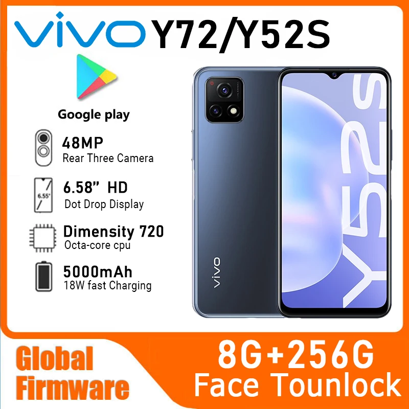 Смартфон Vivo Y52s/Y72, 720 дюймов, 8 + 128 ГБ, 256 мАч, 18 Вт, 48 МП