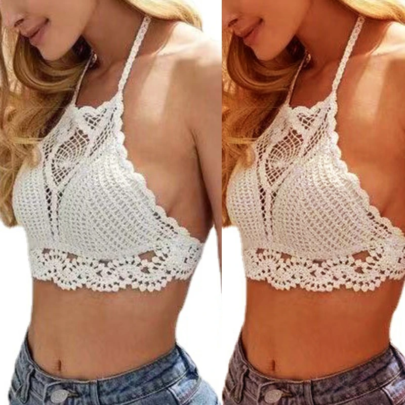 

Women Beach Crochet Daisy Floral Bikini Bra Hollow Out Knit Mesh Plaid Halter Crop Top Sexy Backless Solid Color Padded Swmsuit