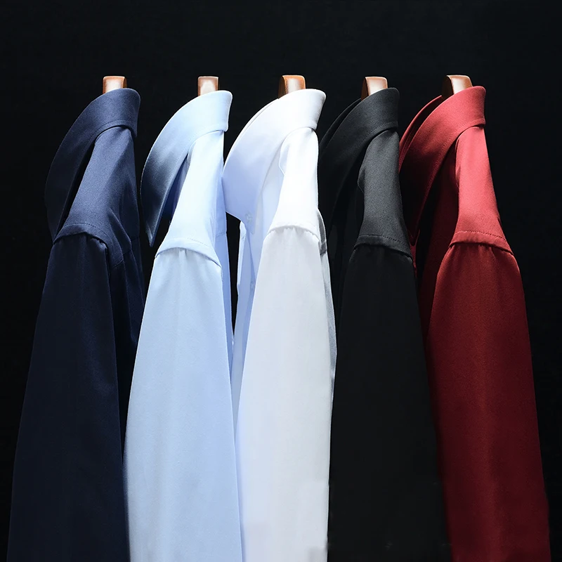 New Stretch Anti-Wrinkle Cotton Mens Dress Shirts Tops Shirt Solid Casual Male Shirts Long Sleeves Slim Fit Camisa Social Blouse