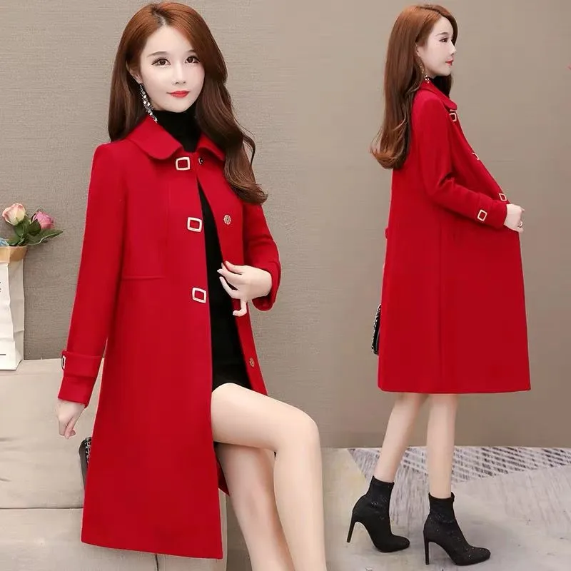 

2023 New Autumn Winter Faux Woolen Coat Women Korean Mid-Length Single Breasted Slim Wool Jacket Female Casual Overcoat H1857
