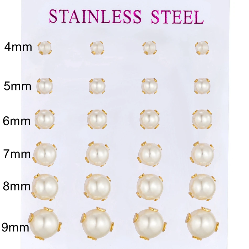 12 Pairs Stud Earrings Set 2-7mm Mixed Size Crystals Balls Pearl Earrings Stainless Steel Ear Piercing Women Fashion Jewelry 6