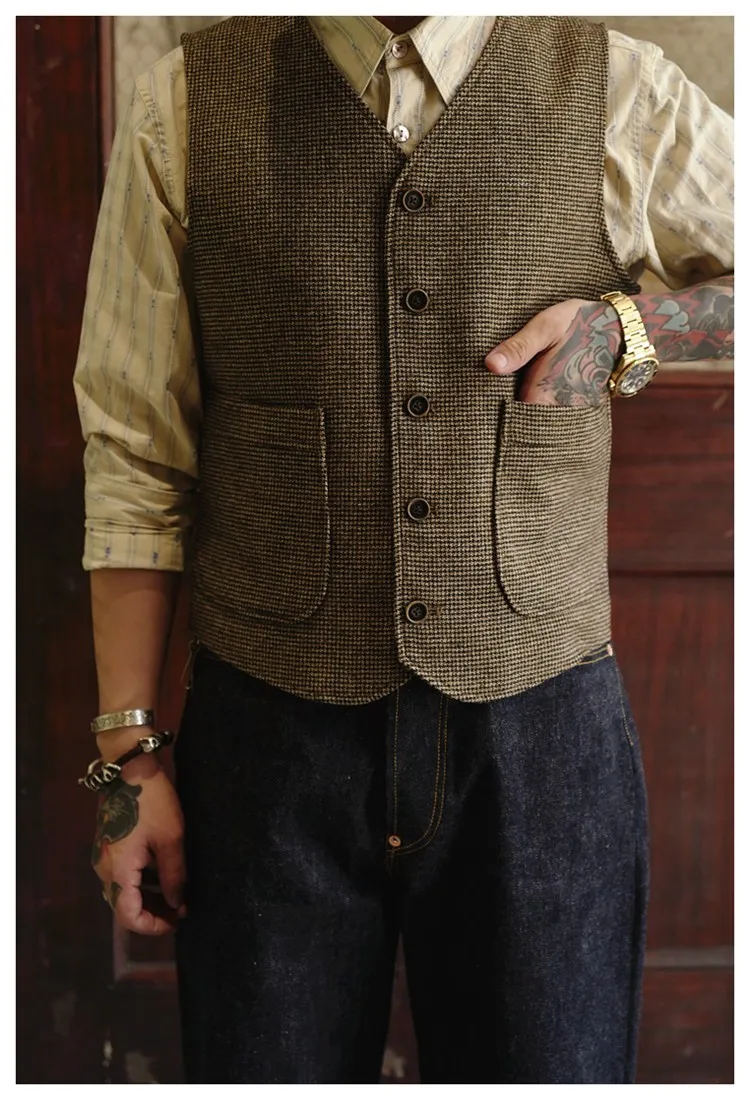 Neue Herbst und Winter American Classic Retro Tweed Hahnentritt Weste Wolle Elegante Tweed Herren Plus Size Casual – Detail 3