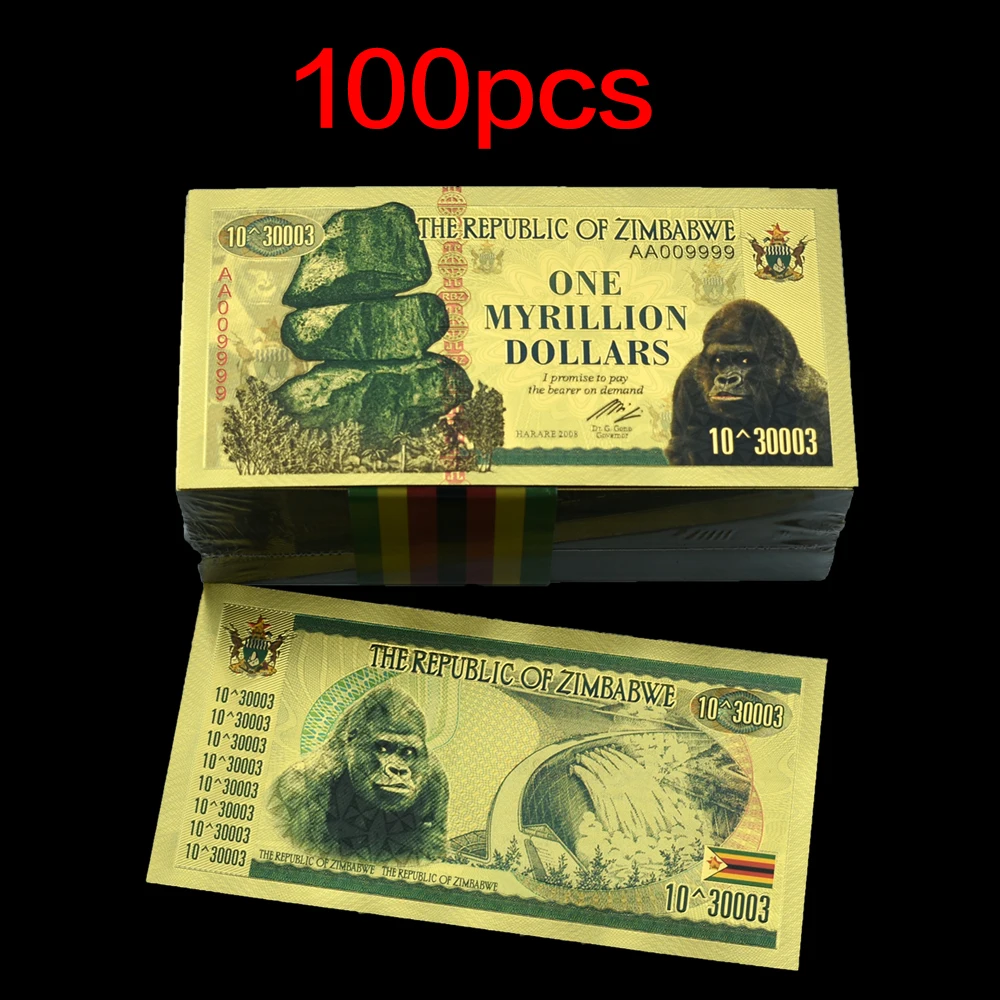 

100pcs/lot Zimbabwe One Myrillion Dollars Gold Banknotes with Watermark Fake Money Art Ornaments Worth Collecting