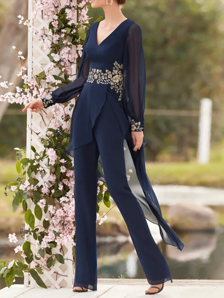 Jumpsuit Mother of the Bride Dress Elegant V Neck Floor Length Chiffon Lace  Long Sleeve with Appliques Formal Evening Gown