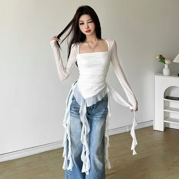 Ruffle Long Sleeve Sexy T-Shirts Fashion Women Y2K Irregular Asymmetrical Korean Crop Tops Casual Sheer Mesh Autumn Chic Tees 1