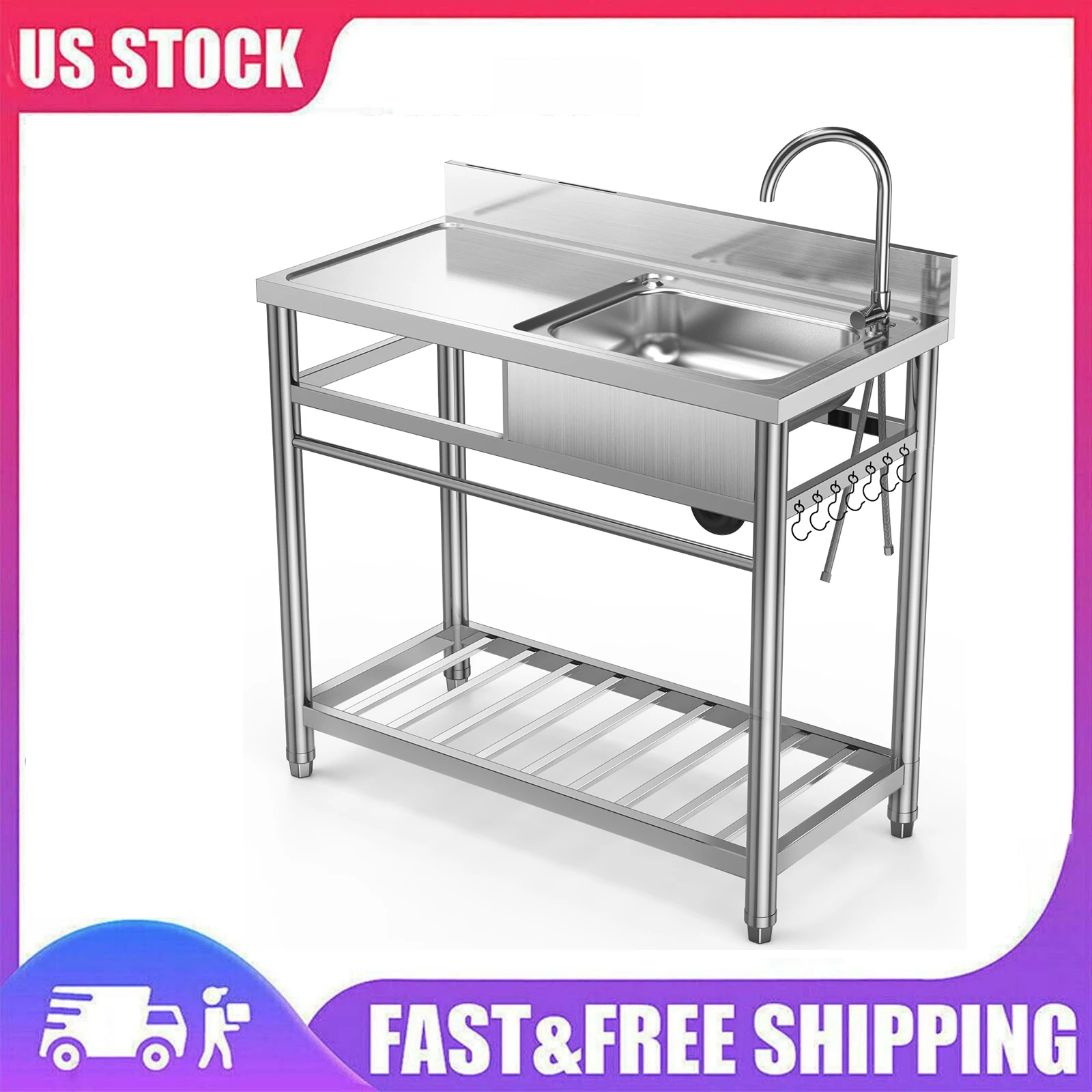 Stainless Steel Utility Sink Single Bowl Restaurant Utility Sink Commercial Kitchen Sink with Water Pipe Faucet and Laundry Tub luanniao kitchen faucet bend pipe 360 degree rotation with water purification features spray paint chrome single handle