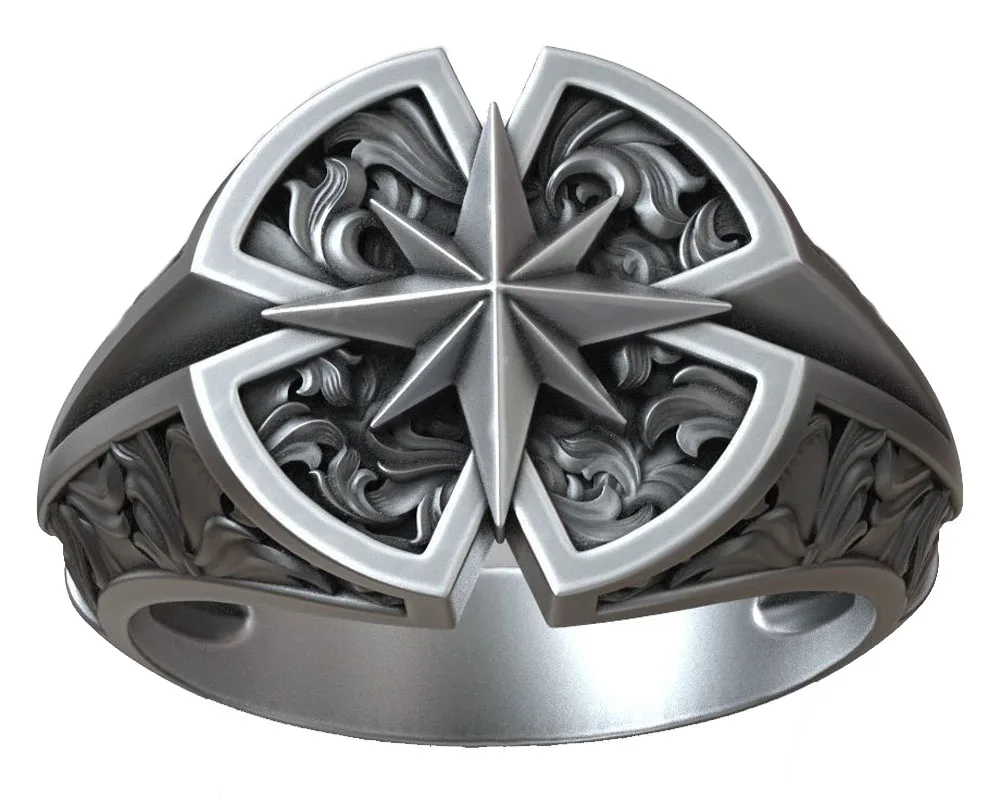 

11g Windrose Star Compass Traveler Pattern Signet Religious Art Relief 925 Solid Sterling Silver Ring Many Sizes