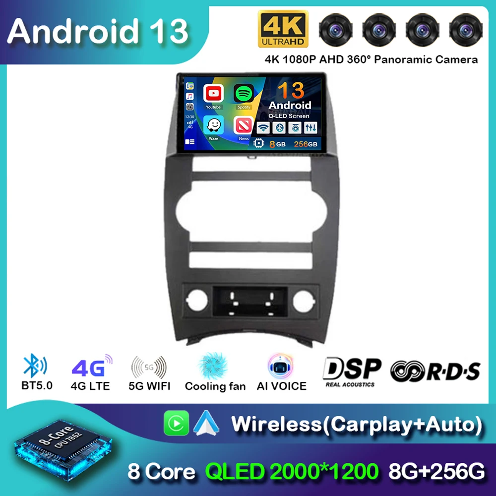 

Android 13 CarPlay Auto Car Radio For Jeep Cherokee Commander XK 2007 2008 Multimedia GPS Player Autoradio Navigation Stereo DSP