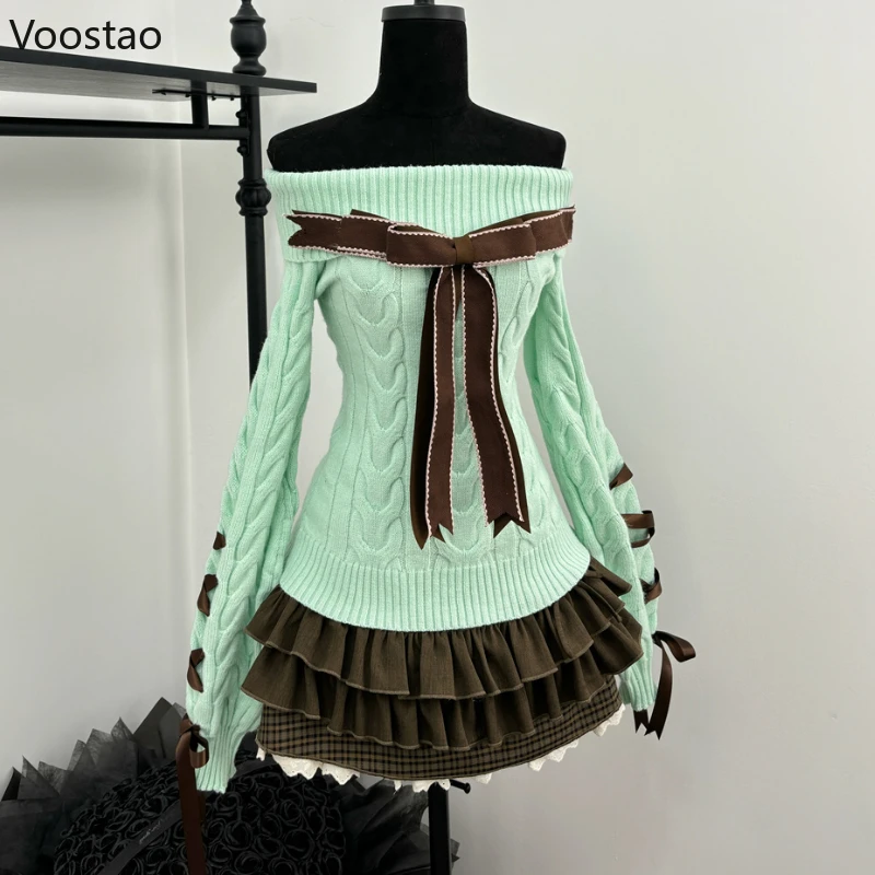 รูปสินค้า ชุดเสื้อผ้าสไตล์หวาน Kawaii Lolita 2 ชิ้น คอถัก กระโปรง Mini Cake