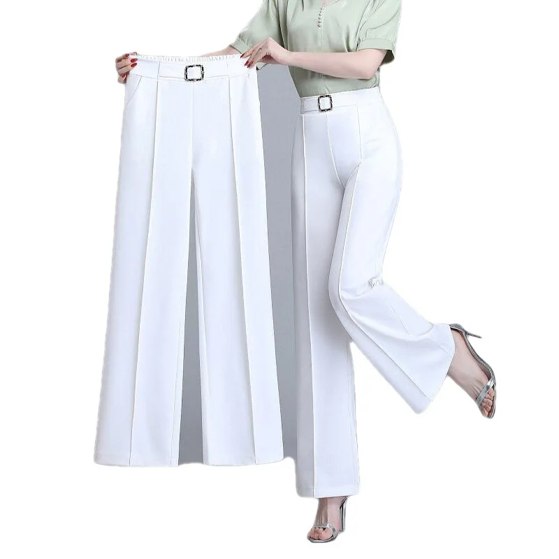 

2023 New Women Summer Pants Ice Silk Wide Leg Elastic Band High Waist Thin Loose Straight Cropped Trousers Ankle Length Oversize