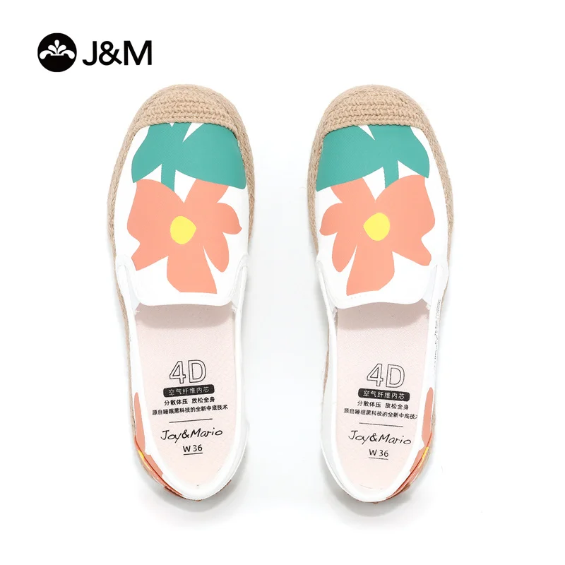 

J&M Women Espadrilles White Flat Fisherman Shoes Round Toe Canvas Casual Shoe Flower Graffiti Summer Slip-on Sneakers Zapatillas