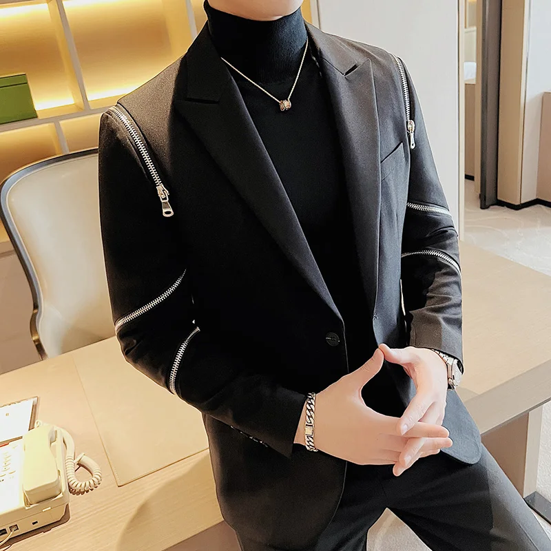 Men Slim Fit Casual Suit Jacket Wedding Business Dress Blazer Banquet Singer Stage Men Clothing Zipper Decoration Tuxedo