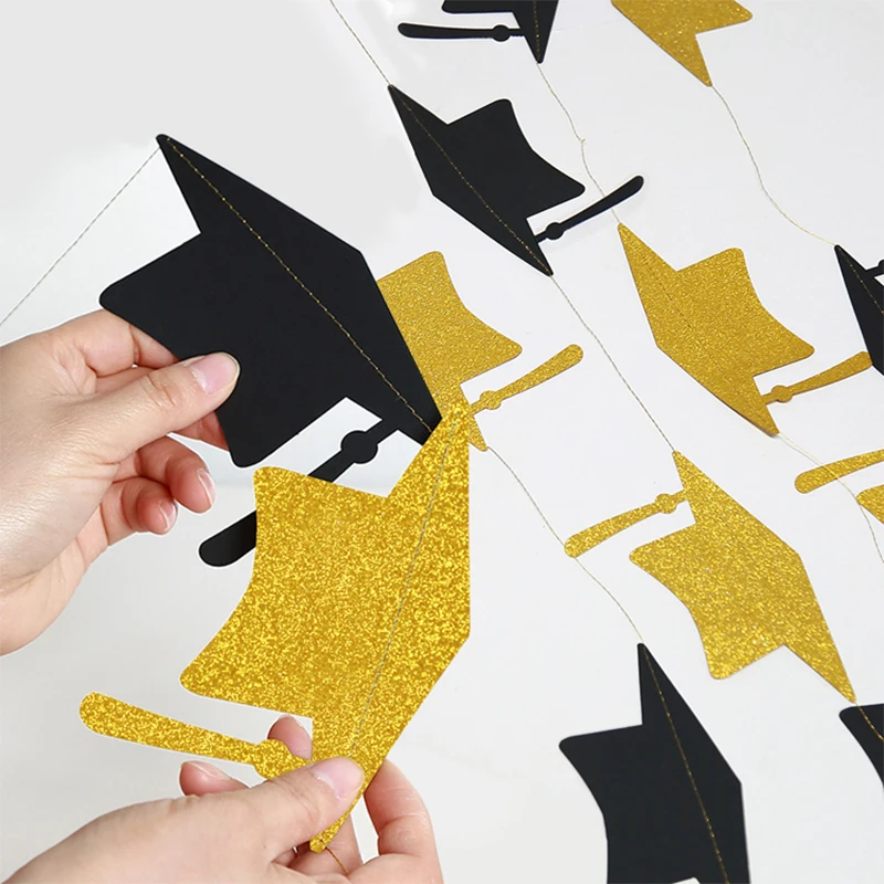 Black Gold Graduation Bachelor Hat Banner Paper Cap Garlands for School Celebrations Graduation Party Hanging Decorations party decorations