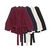 Spring Women Shoulder Pad Belt Knit Blazer Women Retro V-neck Long Sleeve Versatile Female Coat Women Clothes 9598/128