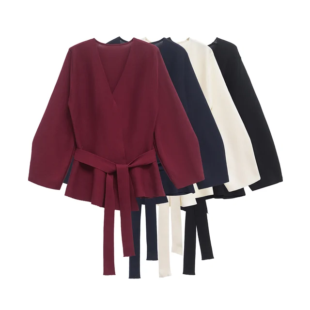 TRAFSHE Spring Women Shoulder Pad Belt Knit Blazer Women Retro V-neck Long Sleeve Versatile Female Coat Women Clothes 9598/128 1