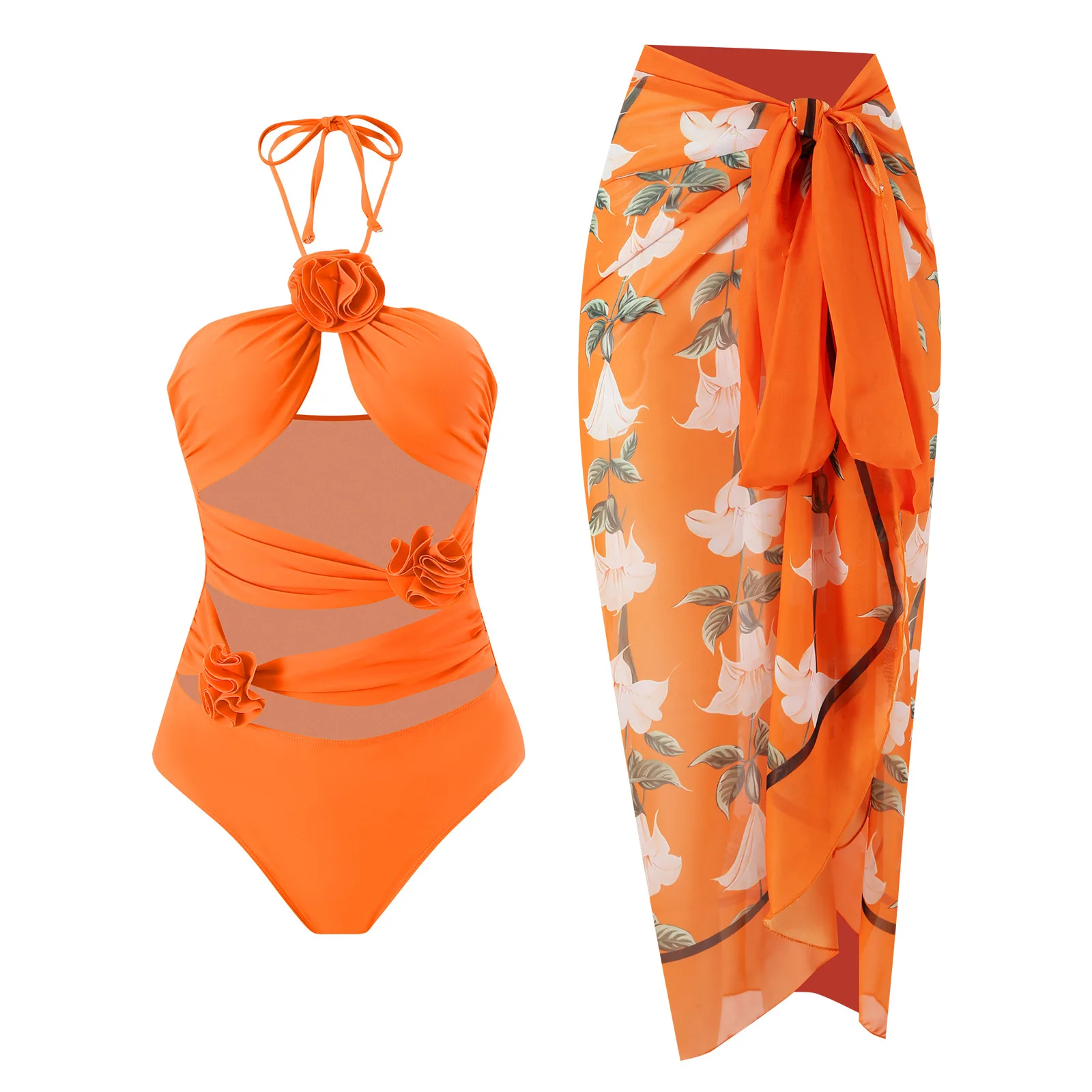 

2023 New Sexy Halter Swimsuit One Piece Women Bandeau Swimwear With Floral Beach Skirt Cut Out Bathing Suit Bodysuit Beach Wear