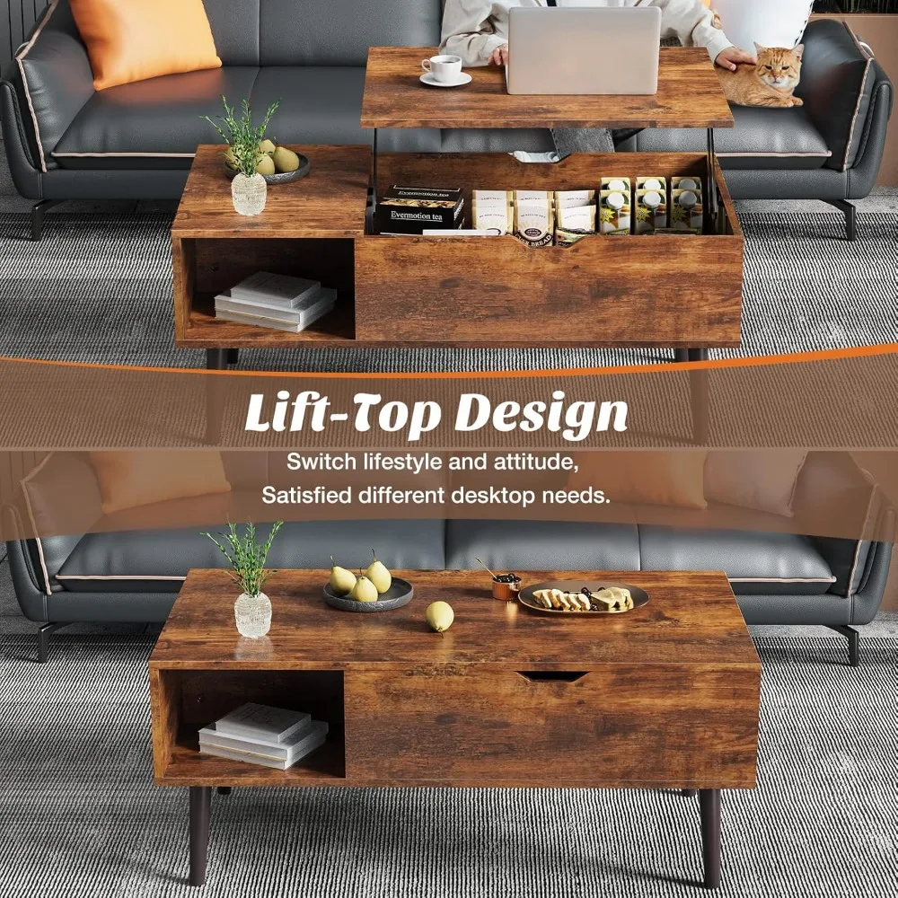 Lift Top Coffee Table for Living Room, Small Rising Wooden Dining Center Table with Storage Shelf, Café Tables 5
