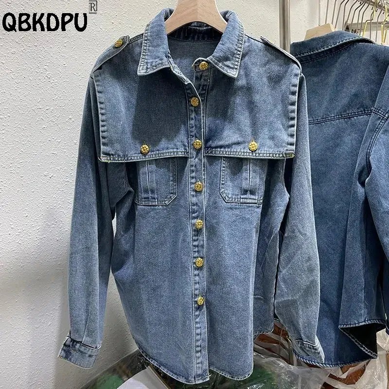 Luxury Button Design Jean Blouse Women Fashion Denim Shirts Streetwear Blue Cowboy Blusas 2023 New Spring Fall Single-breas Tops