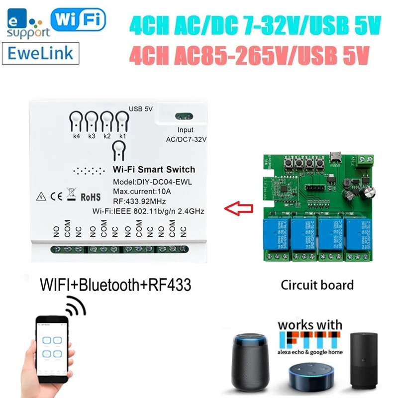 

4CH Ewelink Wifi умный выключатель RF433 7-32V 2,4G Wifi Smartlife домашний модуль автоматизации для IFTT Alexa Google Home долговечный