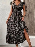 Plus Size Cross border European and American Women's Summer New Style Fashion Floral Long Sleeve Waist Large Swing Connection - Image 2