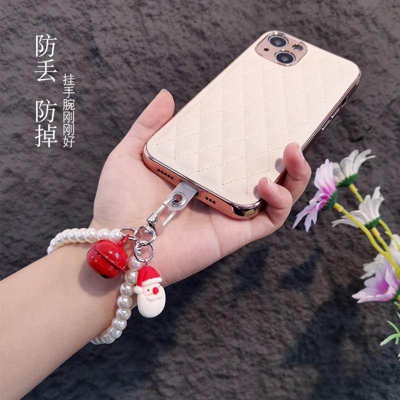 Mobile Phone Lanyard Short Christmas Wrist Chain Bell Santa Claus Pearl Handmade Beaded Pendant Hanging Tag Anti Loss Sling