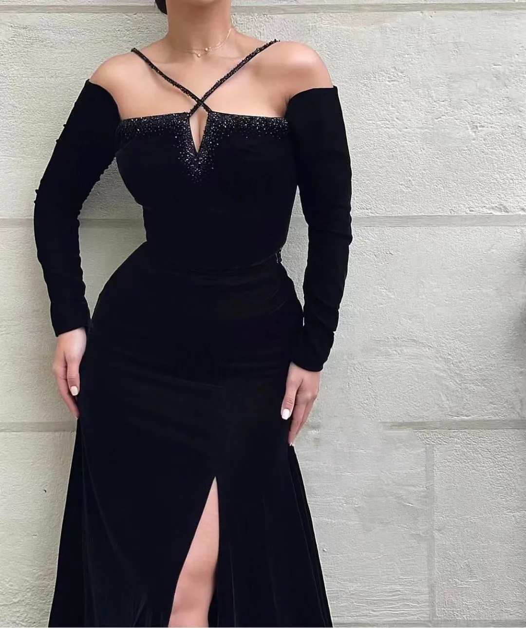 

AsaNagi Black Velour Evening Dresses Off The Shoulder A Line Sexy High Slit Cocktail Prom Dress Women Formal Party Gowns 2023
