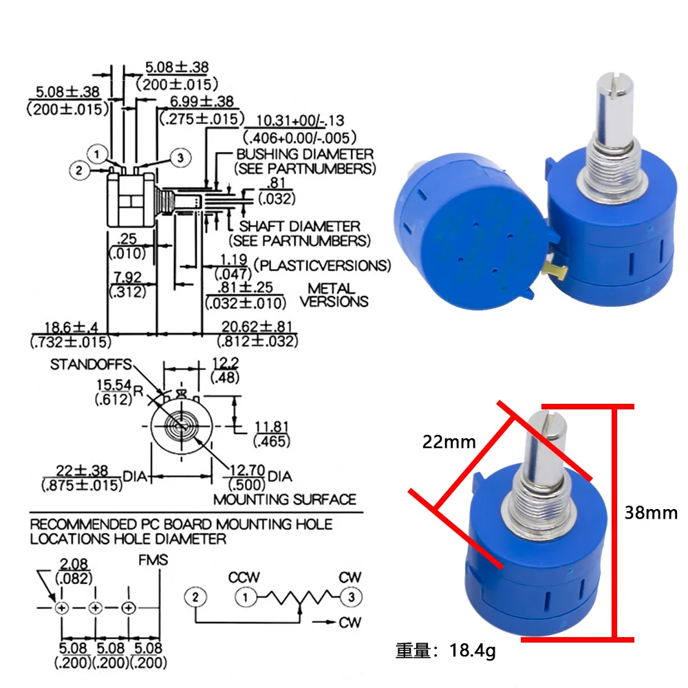 WAVGAT 3590S Multiturn Potentiometer 500 1K 2K 5K 10K 20K 50K 100K ohm Adjustable Resistor