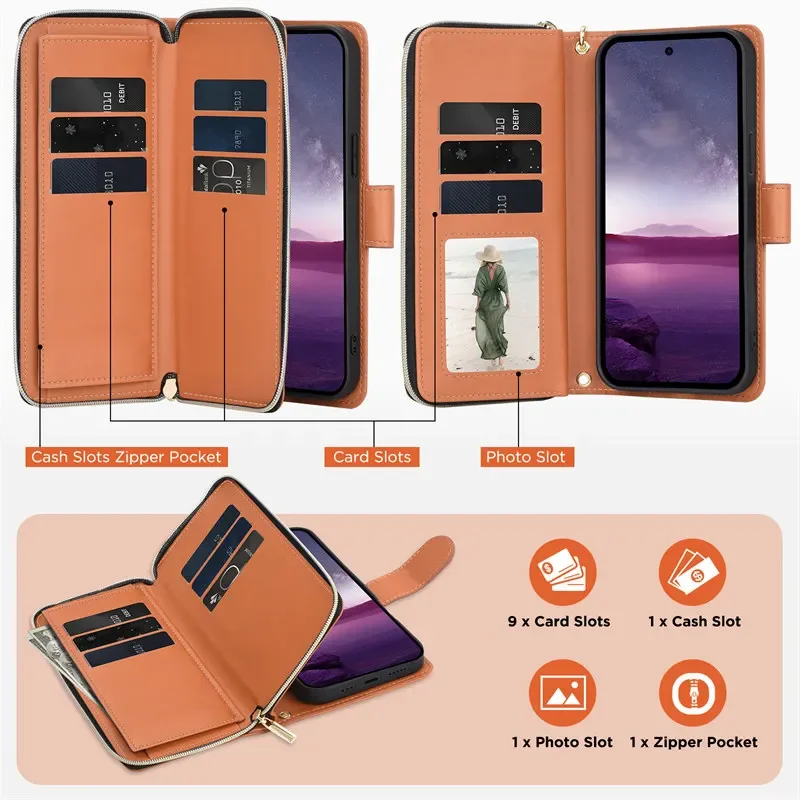 Leather Flip Phone Case with Long Lanyard and Zipper Wallet