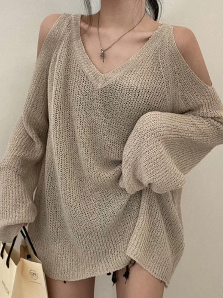 

Deeptown High Street Knitted Sweater Women Korean Retro V-neck Off Shoulder Jumper Loose All-match Casual Sunscreen Elegant Tops