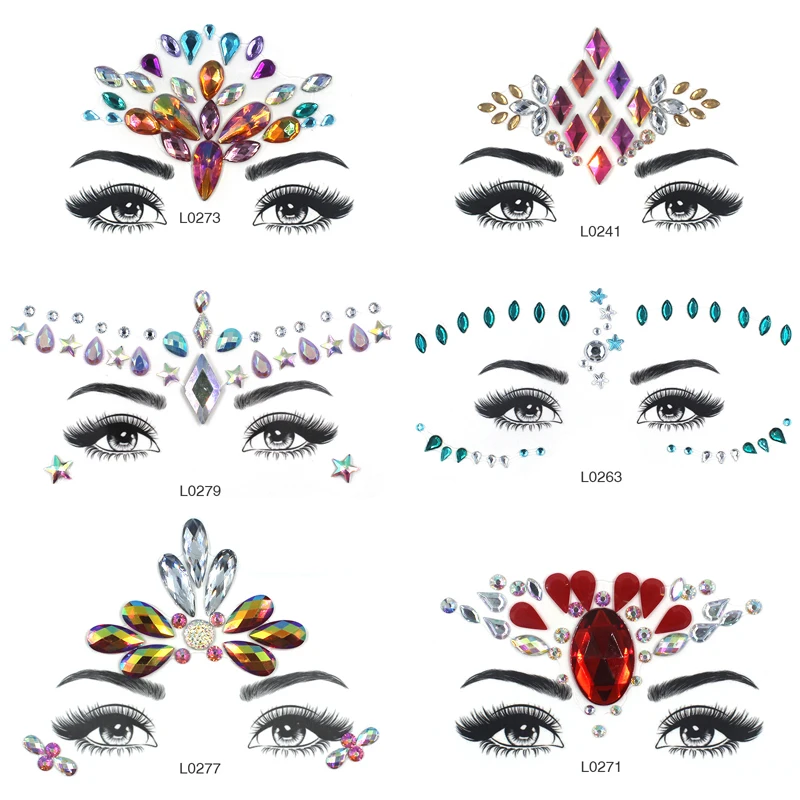

Summer New Shiny 3D Crystal Music Festival Face Decorations Masquerade Fashion Colored Acrylic Drill Temporary Tattoos Stickers