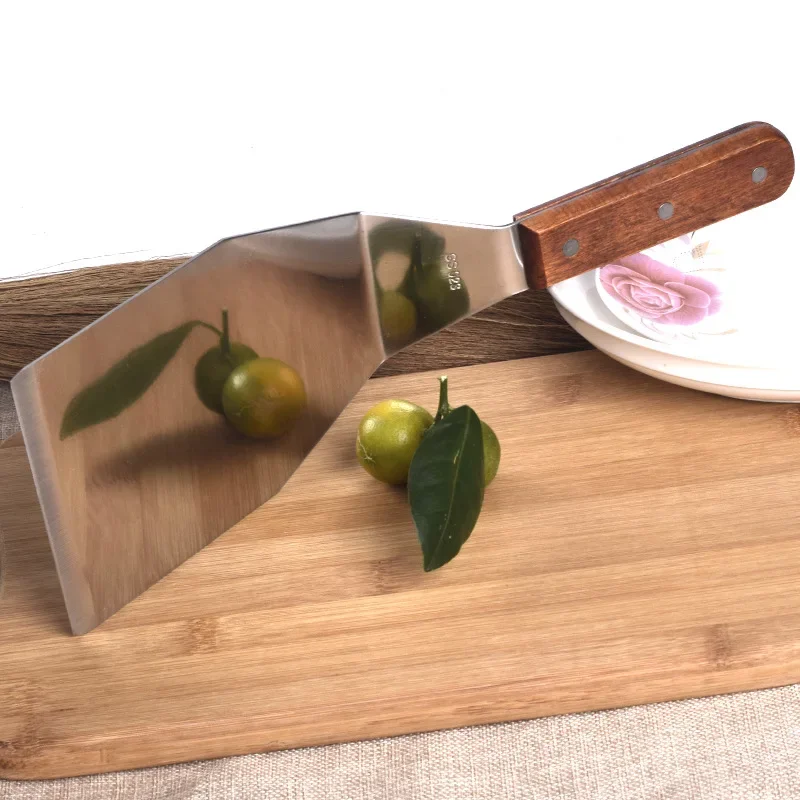 Shredded Stainless Steel Frying Shovel Iron Plate Roast Pizza Shovel Steak Wooden Handle Kitchen Accessories
