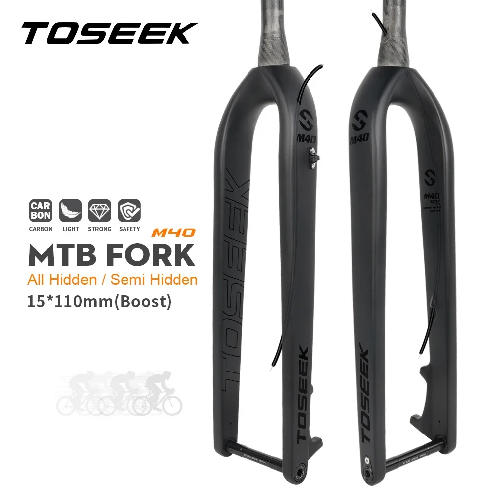 TOSEEK MTB 스루 액슬 포크, 전체 탄소 섬유 자전거 프론트 포크, 견고한 자전거 포크, 척추 튜브, 탄소 부스트 포크, 15x110mm, 27.5 인치, 29 인치