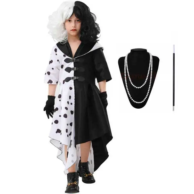 Women Girls Cruella De Vil Cosplay Costume Gown Black White Maid Dress With Gloves Hoodie Skirt Wigs Halloween Costume