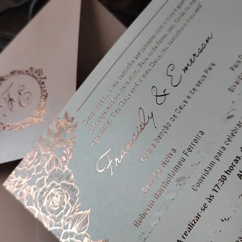 Ouro rosa brilhante cartões de convite, moldura floral, rosa Envelopes, design de logotipo personalizado, 50pcs