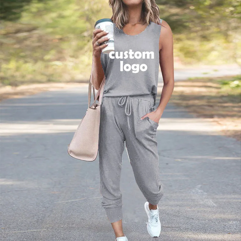 Customized T-Shirt and Pants Women's Set Loose Solid Color Sleeveless Casual Set Fashion Commuting Vest Top and Pants